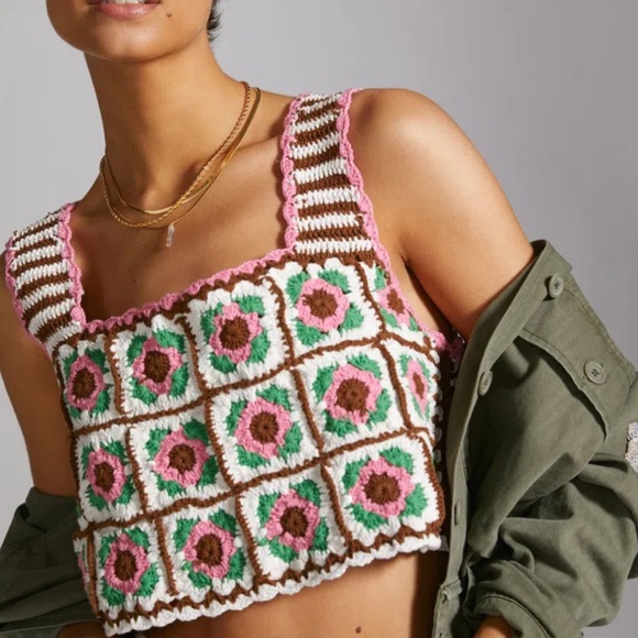 HP 🥳 New Anthropologie Maeve Crochet Floral M/Lg Pink Stripe Tank Sweater Vest - Picture 4 of 12